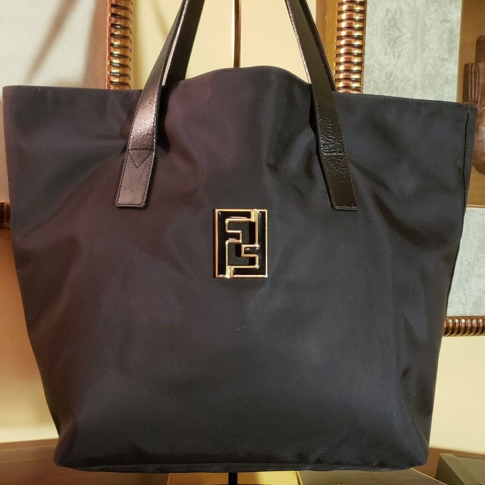 Fendi Leather trim/Handle Bag, Black Nylon Gold-Tone Hardware Tote Bag